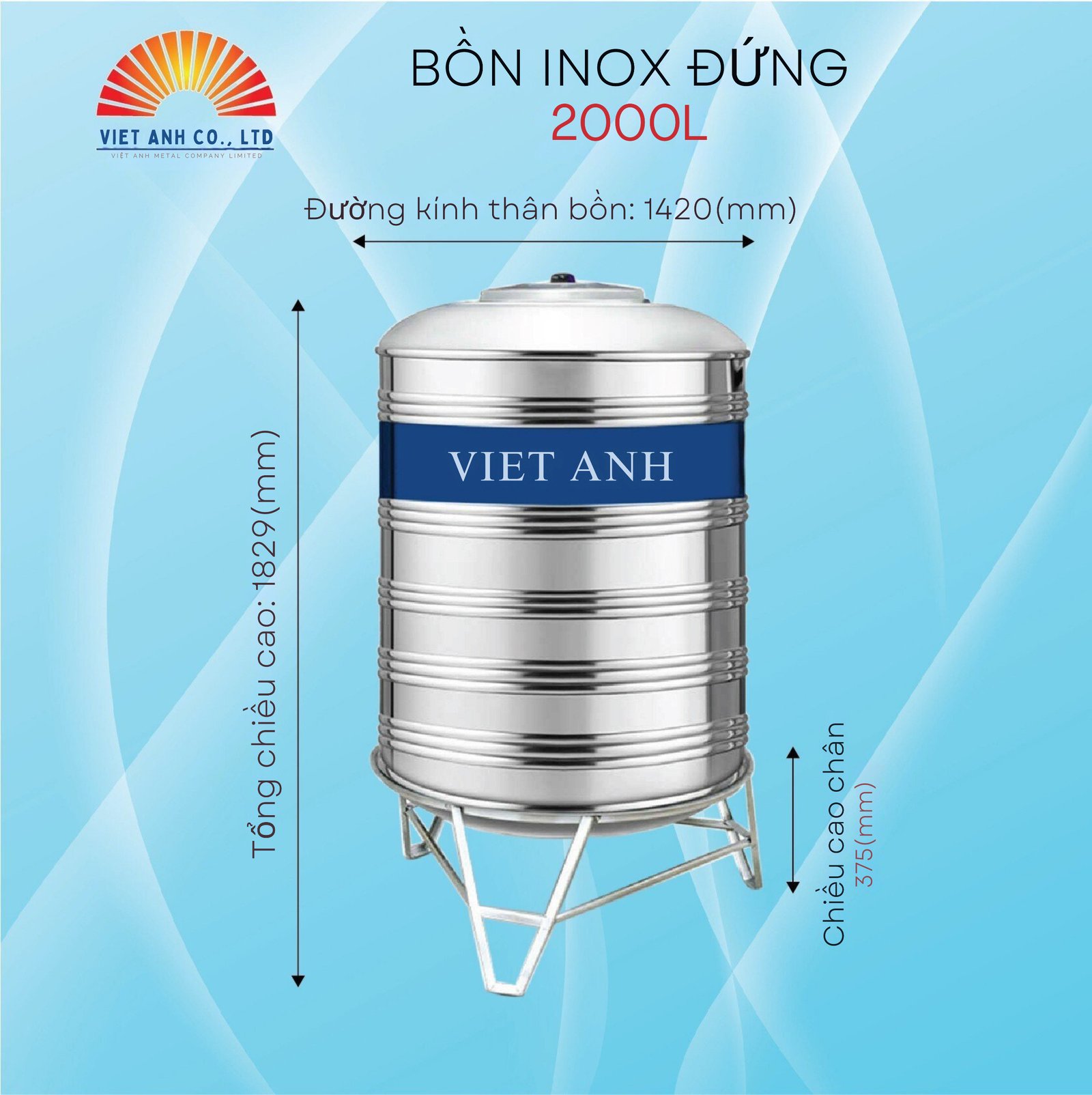 Bồn nước Inox Việt Anh 2000l đứng Φ1420