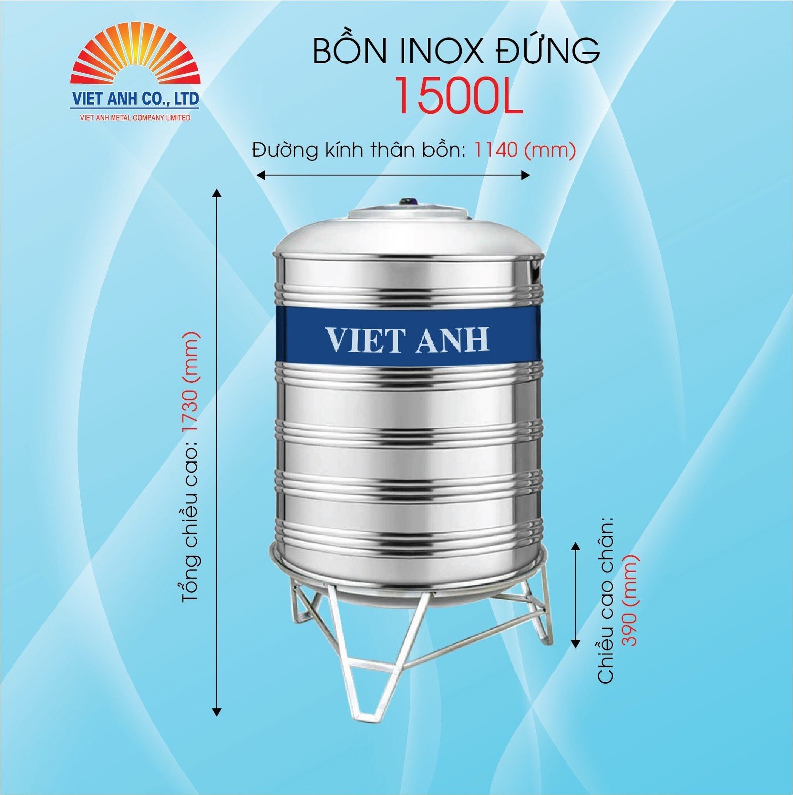 Bồn nước Inox Việt Anh đứng 1500l (Φ1140)