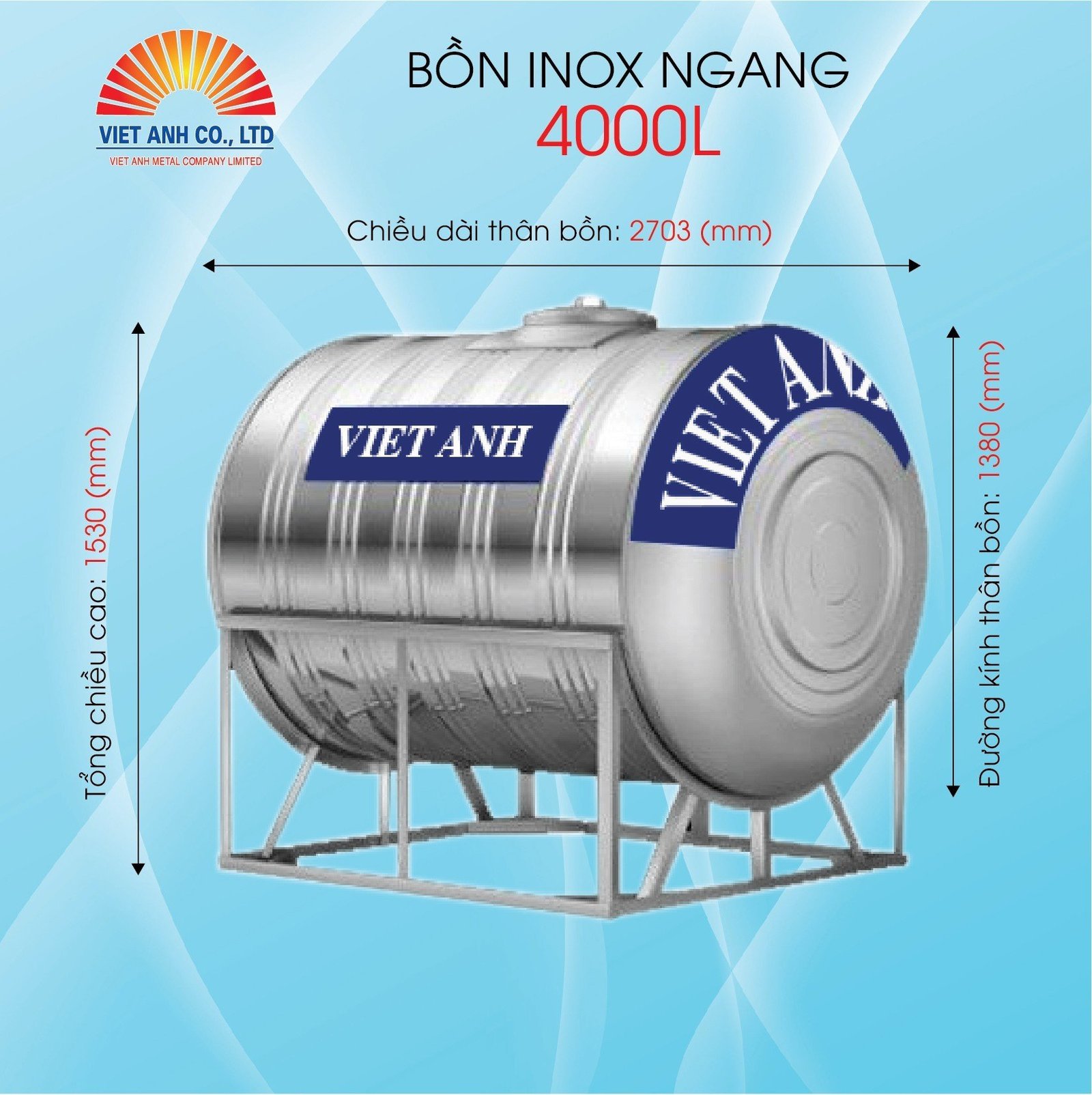 Bồn nước Inox Việt Anh ngang 4000l (Φ1380)