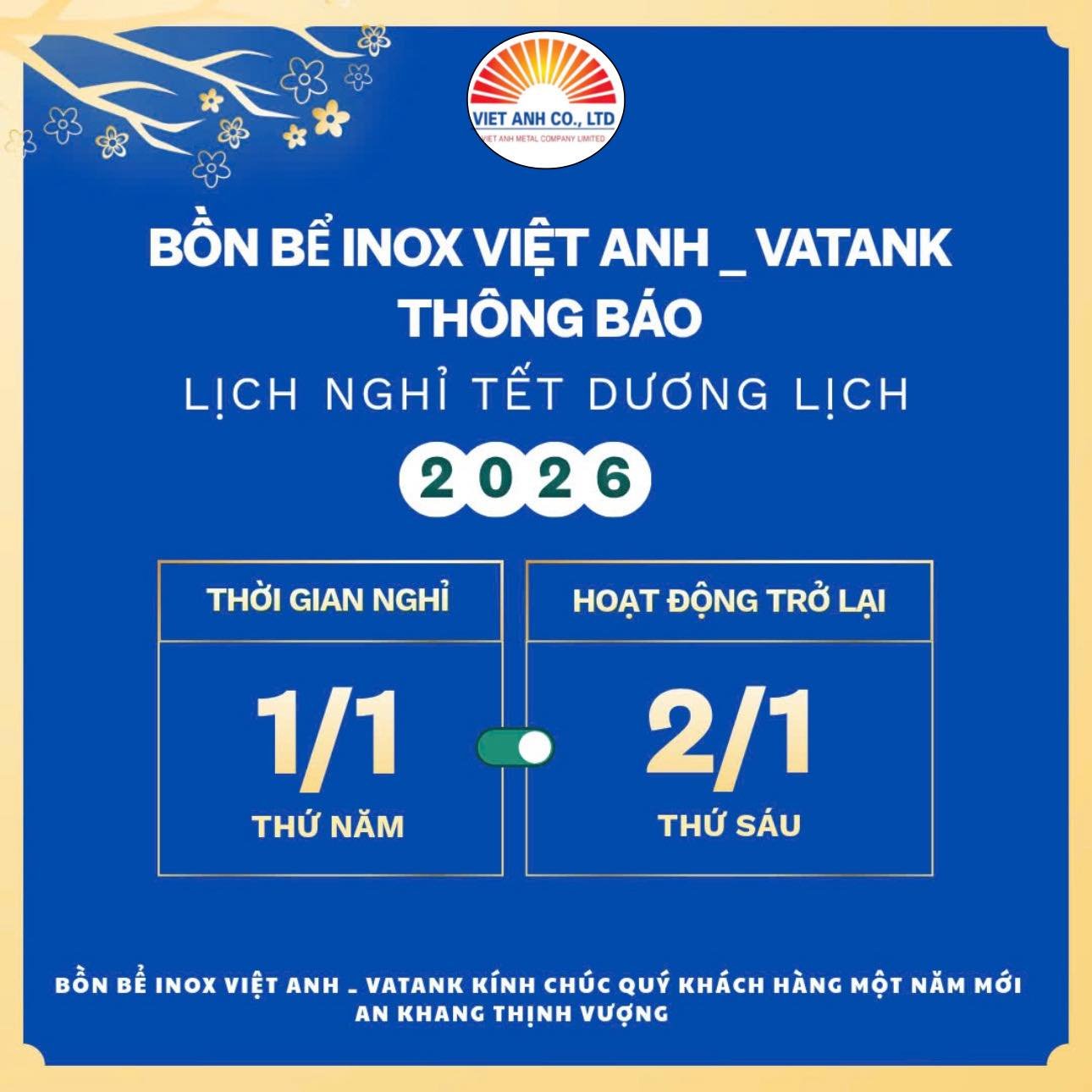 Bồn bể inox Việt Anh VATANK thông báo nghỉ Tết Dương Lịch 2026