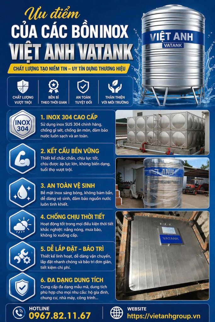 Bồn inox Việt Anh VATANK sử dụng inox 304 cao cấp chống gỉ sét