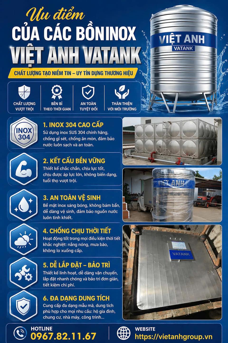 Bồn inox Việt Anh VATANK sử dụng inox 304 cao cấp chống gỉ sét